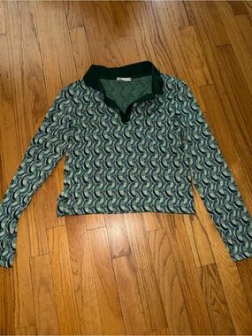 Zara Long-Sleeve Green Patterned Polo Top
